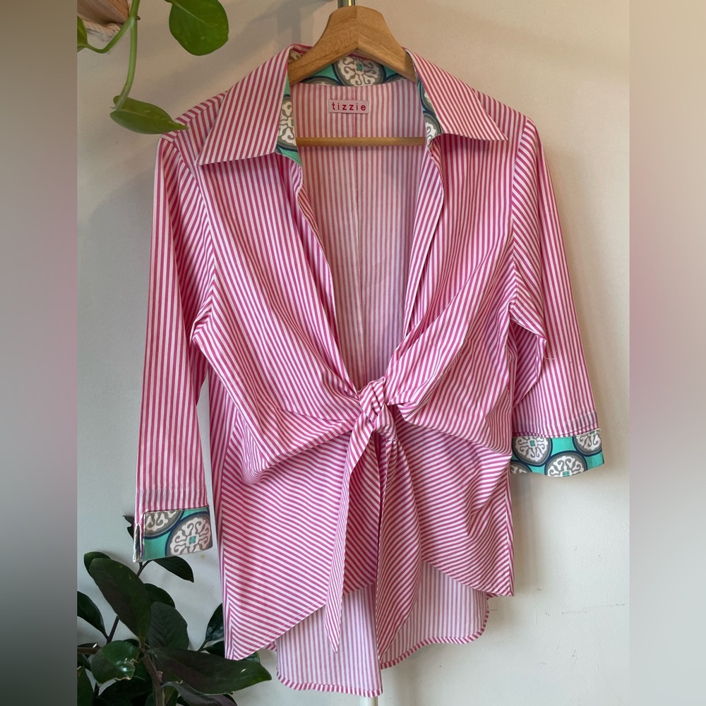 Pink Button Down Shirt with Cuffed Sleeves and Tie Front